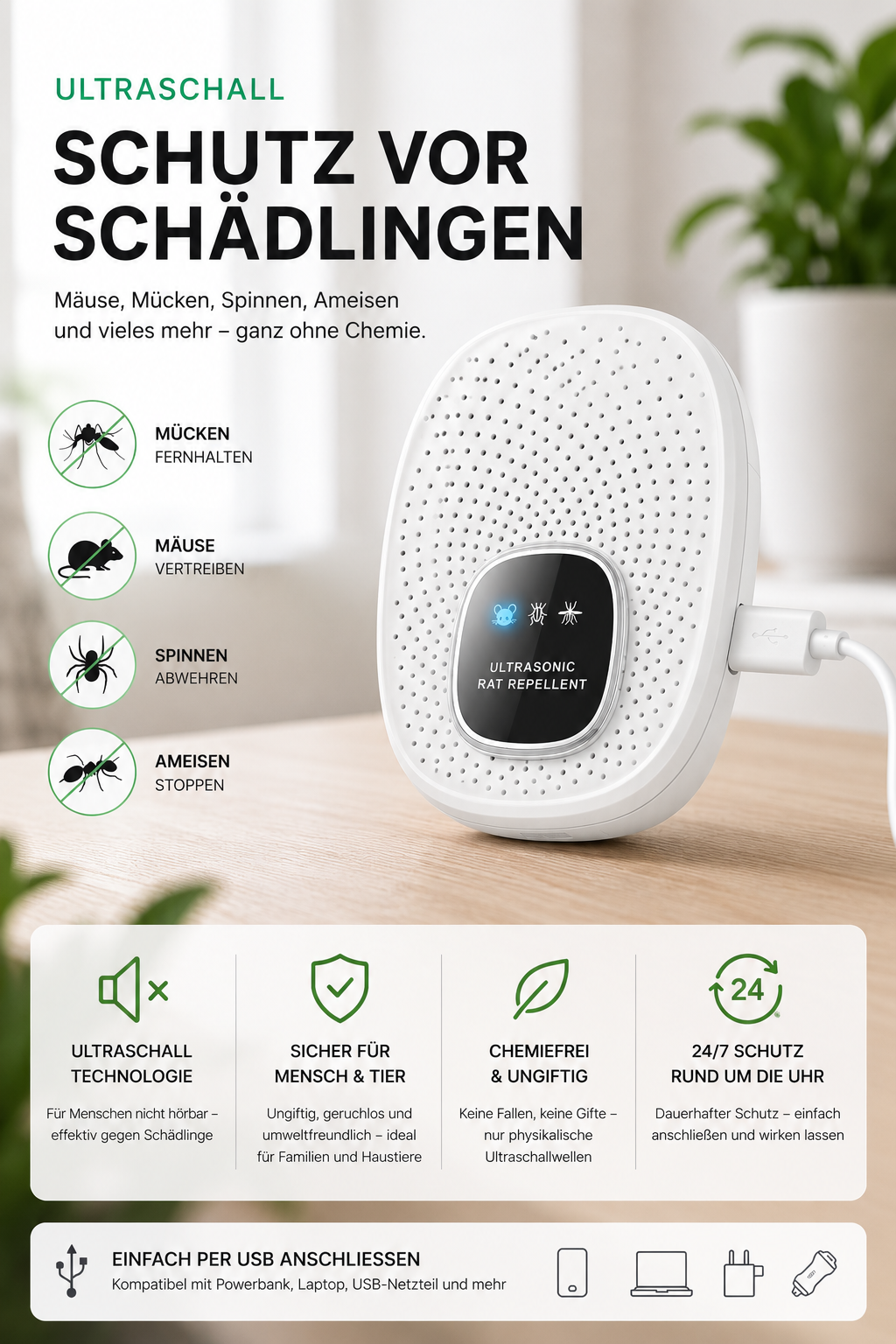 Ultraschall-Schädlingsabwehr für Zuhause & unterwegs