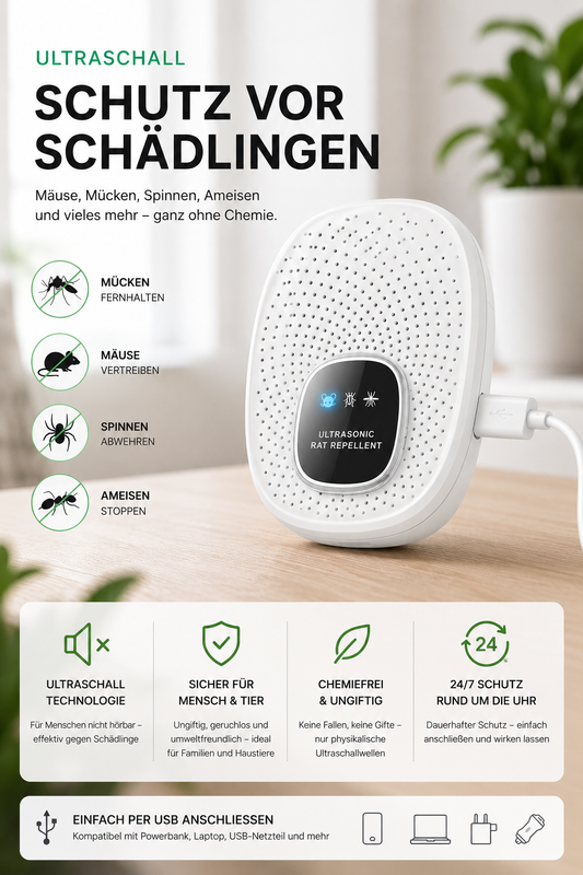 Ultraschall-Schädlingsabwehr für Zuhause & unterwegs