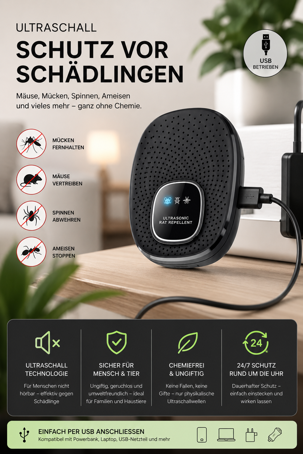 Ultraschall-Schädlingsabwehr für Zuhause & unterwegs